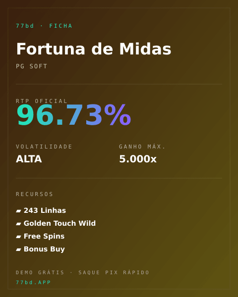 Ficha técnica de Fortuna de Midas: RTP, volatilidade e ganho máximo na 77bd